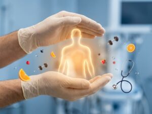 Zorgzame handen ondersteunen gloeiend menselijk silhouet omringd door gezondheidsymbolen op medische achtergrond