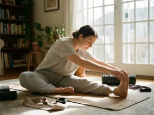 Persoon met knieprothese doet rekoefening op yogamat in lichte thuisfitnessruimte met ondersteuningsmateriaal