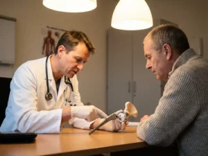 Chirurg toont heupprothese model aan patiënt tijdens medisch consult in behandelkamer