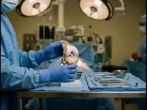 Chirurg onderzoekt anatomisch kniegewrichtmodel met blootgelegde ligamenten en kraakbeen op steriele operatietafel