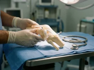 Chirurg onderzoekt anatomisch model van kniegewricht op medische onderzoekstafel met stethoscoop