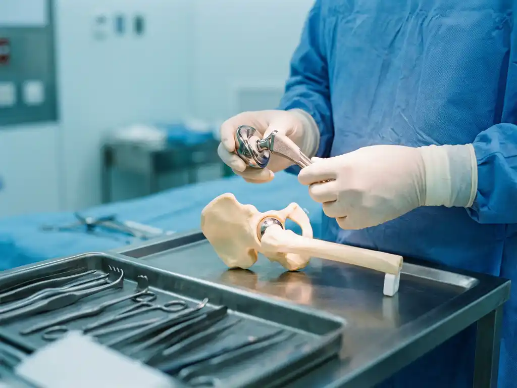 Chirurg positioneert titanium heupprothese boven anatomisch model met chirurgische instrumenten op medische tafel