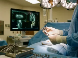 Chirurg positioneert titanium heupprothese in steriele operatiekamer met anatomische beeldschermgeleiding