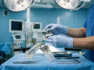 Chirurg positioneert titanium knieprothese boven anatomisch model op steriele operatietafel met instrumenten