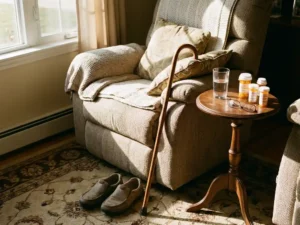 Comfortabele fauteuil met wandelstok, medicijnen op bijzettafel en steunende kussens in zonnige woonkamerhoek