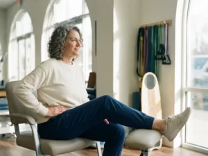 Middelbare leeftijd persoon raakt heup aan in moderne fysiotherapie kliniek, kalme uitdrukking, natuurlijk licht