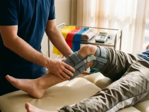 Fysiotherapeut begeleidt knierevalidatie-oefening van patiënt met kniebrace in professionele kliniek