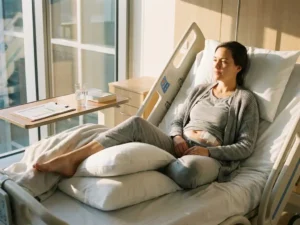 Patiënt herstelt rustig in ziekenhuisbed met been omhoog op kussens, ochtendlicht door raam, herstelschema op nachtkastje