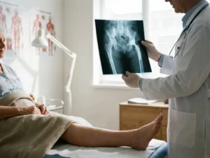 Dokter toont röntgenfoto van heupprothese aan oudere patiënt tijdens medisch consult in witte behandelkamer