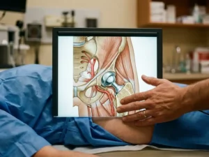 Anatomische dwarsdoorsnede van heupgewricht met titanium prothese, hand beschermend geplaatst, medische fotografie