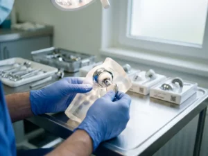 Chirurg onderzoekt heupprothese model op steriele operatietafel met medische instrumenten in ziekenhuisomgeving