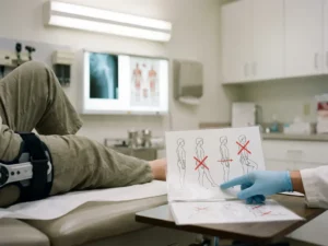 Dokter wijst naar waarschuwingsdiagram over bewegingsbeperkingen bij heupprothese, patiënt zit op onderzoektafel