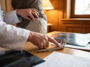 Dokter onderzoekt patiënt en toont heupprothese model op bureau met röntgenfoto's en medische documenten