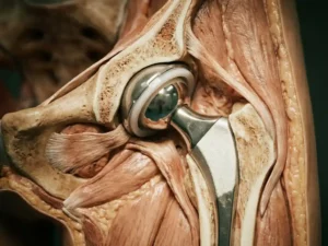 Doorsnede van heupgewricht met hybride prothese-implantaat, metalen steel en keramische kogel in acetabulum