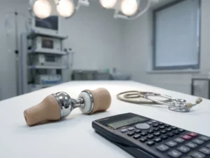 Medische heupprothese op onderzoekstafel naast stethoscoop en rekenmachine in ziekenhuisomgeving