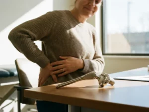 Prothese heupgewricht model op medische tafel met patiënt die opluchting toont na heupvervanging behandeling
