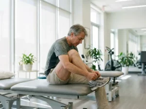 Persoon met heupprothese litteken buigt gecontroleerd voorover om schoenen te strikken op fysiotherapiebank