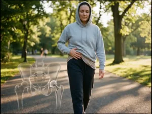 Persoon in sportkleding wandelt zelfverzekerd op pad in park na heupoperatie, ochtendlicht door bomen