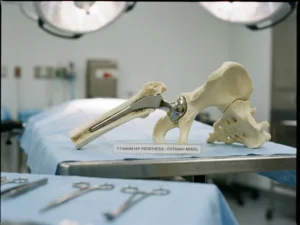 Doorsnede van heupgewricht met titanium prothese geïntegreerd in natuurlijk botweefsel op medische onderzoektafel