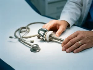 Titanium heupprothese met keramische onderdelen op onderzoektafel met stethoscoop en doktershand, medische setting