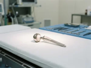 Titanium heupprothese op medische onderzoekstafel met chirurgische instrumenten in steriele ziekenhuisomgeving