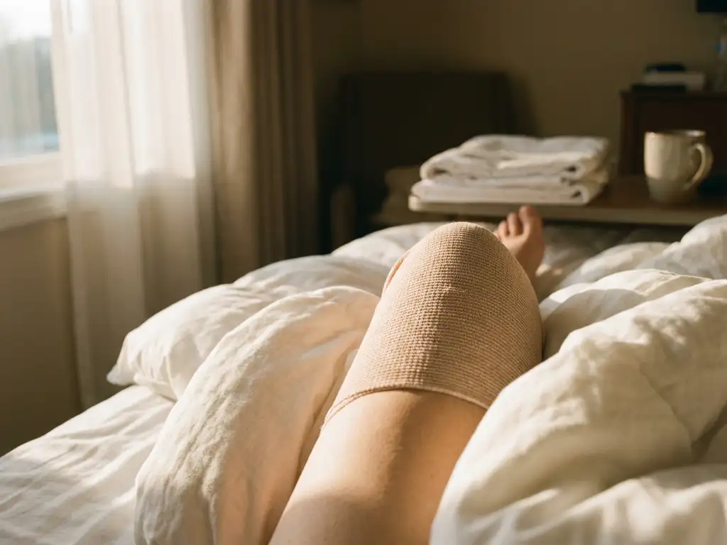 Knie gewikkeld in beige compressieverband, rustend op wit kussen in natuurlijk licht tijdens medisch herstel