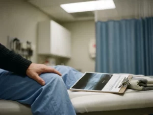 Persoon raakt knie aan tijdens medisch onderzoek, röntgenfoto op tafel, klinische omgeving met postoperatief herstel