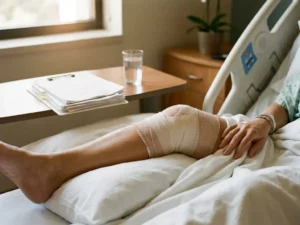 Patiënt in herstel met professioneel verbonden knie op ziekenhuisbed, hand rustend nabij gewonde gebied