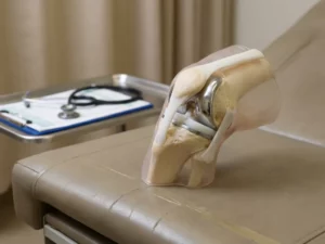 Anatomisch kniemodel met gedeeltelijke prothese-implantaat op medische onderzoektafel in ziekenhuisomgeving