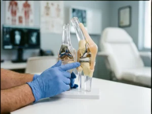 Medisch professional onderzoekt anatomisch kniemodel met prothese-onderdelen in steriele klinische omgeving
