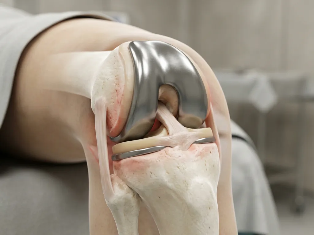 Gedeeltelijke knieprothese in anatomische doorsnede met tekenen van ontsteking en loslating in botweefsel