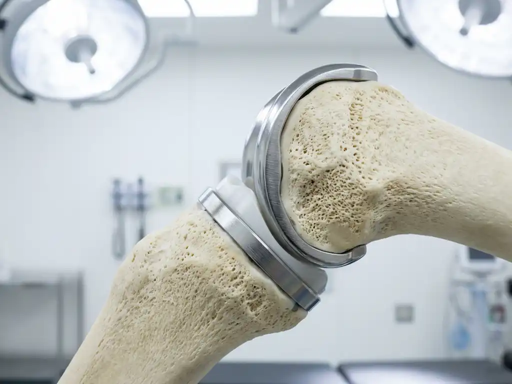 Doorsnede van menselijke knie met gedeeltelijke titanium prothese-implantaat in botstructuur, medische precisie
