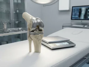 Medisch kniegewricht model met metalen prothese-implantaat op onderzoektafel naast digitale weegschaal