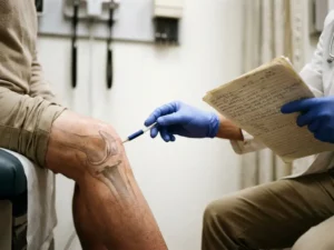 Dokter onderzoekt knieprothese van patiënt op onderzoektafel, wijst naar kunstgewricht terwijl hij medisch dossier vasthoudt