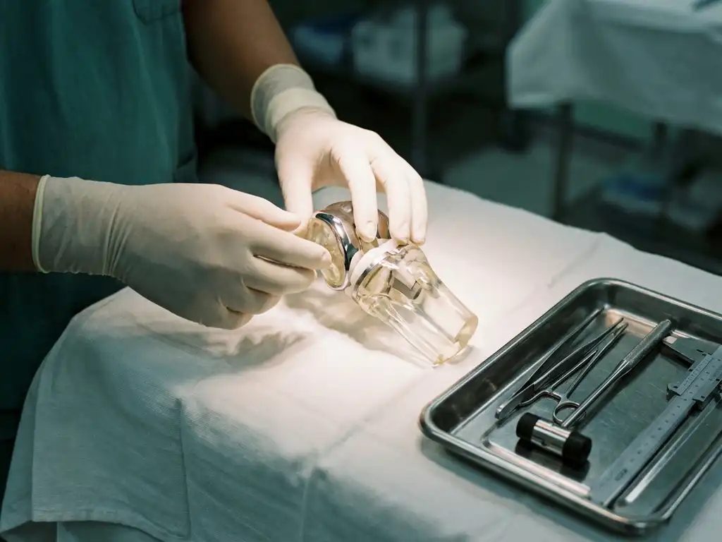 Medisch professional onderzoekt anatomisch kniegewrichtmodel met transparante prothese-onderdelen op onderzoekstafel