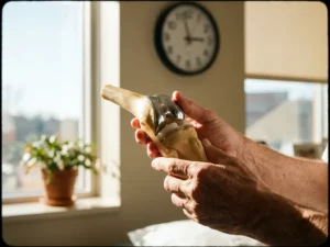 Patiënt houdt knieprothese vast tijdens medische consultatie in lichte behandelkamer met natuurlijk licht