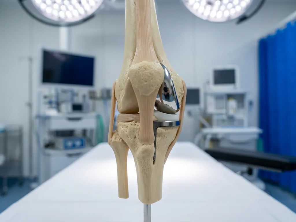 Medisch model van kniegewricht met natuurlijk bot en titanium prothese op onderzoekstafel in ziekenhuis