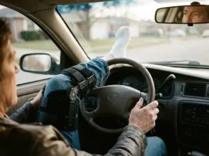 Persoon met kniebrace zittend in bestuurdersstoel van auto, handen op stuur, been uitgestrekt tijdens herstelperiode