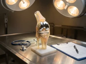 Anatomisch kniegewrichtmodel met gedeeltelijke prothese-implantaat op medische onderzoekstafel met stethoscoop