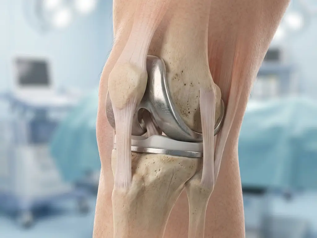 Knie in profiel met gedeeltelijke knieprothese onder doorzichtige huid, metalen gewrichtsoppervlak met slijtage zichtbaar