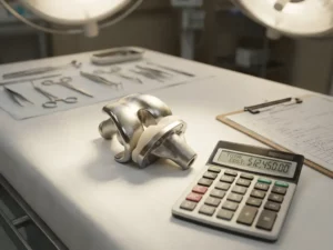 Knieprothese implantaat op medische onderzoekstafel naast rekenmachine met kostencijfers en chirurgische instrumenten