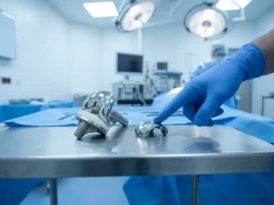Knieprotheses op medische onderzoekstafel met chirurg die naar gedeeltelijke implantaat wijst in steriele omgeving
