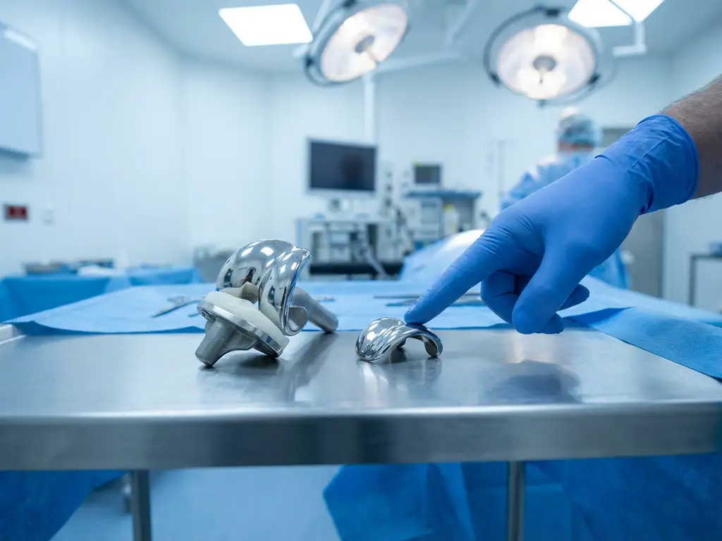 Knieprotheses op medische onderzoekstafel met chirurg die naar gedeeltelijke implantaat wijst in steriele omgeving