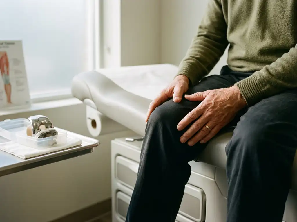 Persoon raakt knie aan op onderzoekstafel met knieprothese op witte oppervlak in medische omgeving