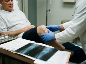 Dokter onderzoekt knie met prothese tijdens medisch consult, röntgenfoto's en dossiers op tafel zichtbaar