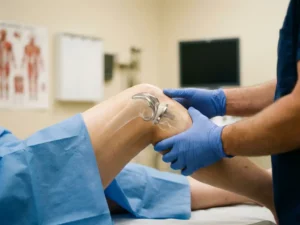 Orthopedisch chirurg onderzoekt been met knieprothese, toont bewegingsbereik in steriele onderzoekskamer