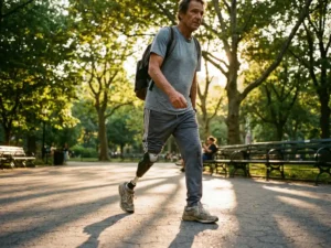 Persoon met knieprothese loopt zelfverzekerd over parkpad tussen groene bomen in warm zonlicht
