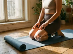 Persoon met knieprothese knielt op yogamat in natuurlijk licht, handen rustend op bovenbenen