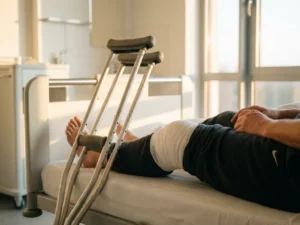 Patiënt met krukken en knieoperatie verband zittend op ziekenhuisbed in lichte medische kamer