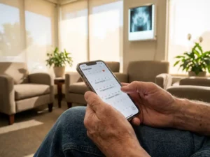 Patiënt bekijkt medische afspraken op smartphone in wachtruimte met röntgenfoto op achtergrond